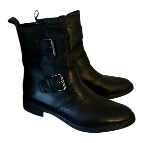 Emanuele Crasto Italian Made Leather Black Buckle Combat Moto Boots Size 8 - Picture 1 of 10